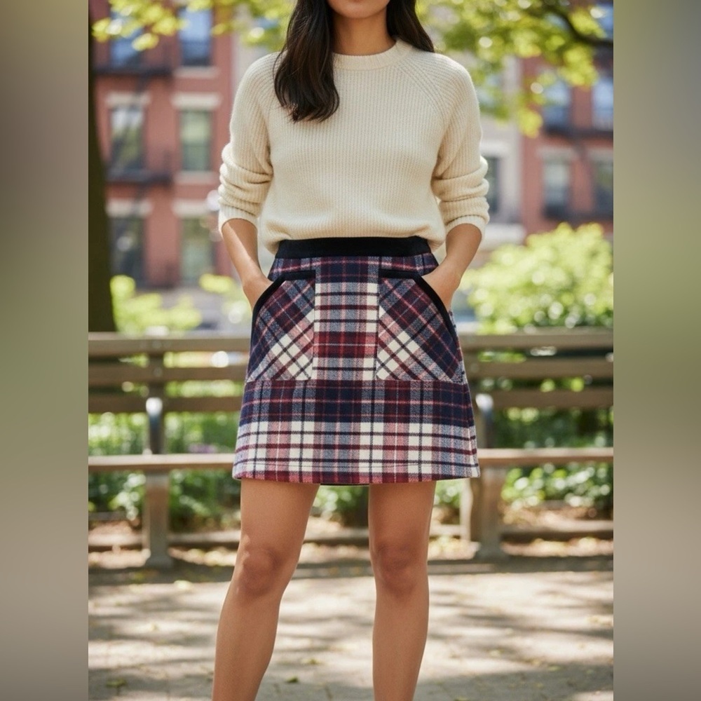Deadstock Tommy Hilfiger Wool Skirt Plaid Red White Blue Pockets US2 UK4 Small